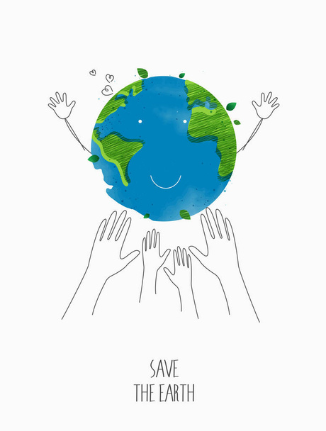 Environmentally friendly concept. eco with the globe, world map and hands for saving environment, save clean green planet, ecology concept. card for world earth day.  vector design. - Vecteur, image