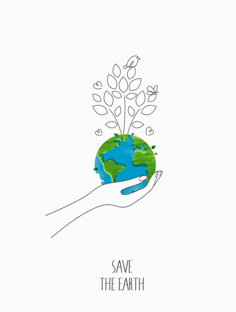Environmentally friendly concept. eco with the globe, world map and hands for saving environment, save clean green planet, ecology concept. card for world earth day.  vector design. - Vektor, kép