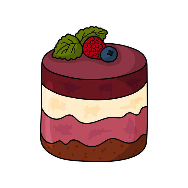 Pretty doodle cake. Design sketch element for menu cafe, bistro, restaurant, coffeehouse, bakery, label, poster, banner, flyer and packaging. Vector colorful illustration on a white background. - Wektor, obraz
