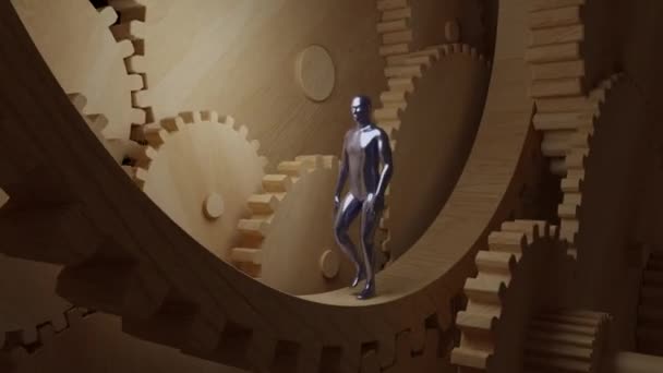 Satisfying Video of a metal man walking inside clockwork mechanism - Footage, Video