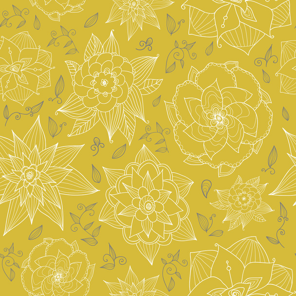 Bezszwowe tapeta kwiatowy kwiaty rysowane ręcznie pastelowe kolorowe na żółtym tle. - Wektor, obraz