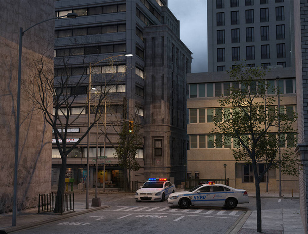 общие иллюстрированные городские улицы и здания с полицейскими машинами, припаркованными на перекрестке - Фото, изображение
