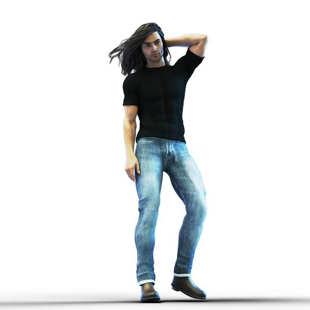 Strong long black haired young man standing illustration - Foto, imagen