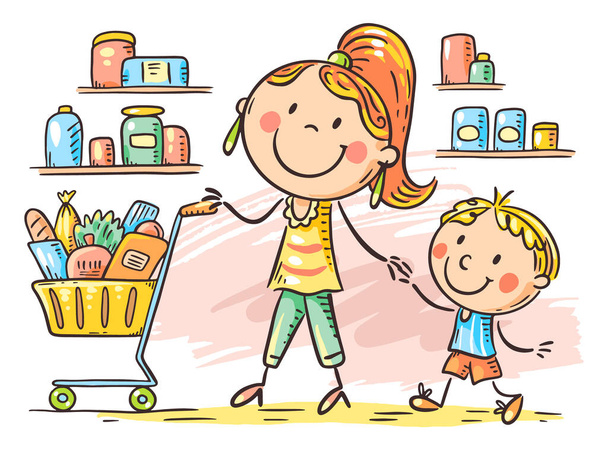 Cartoon doodle mom and son at supermarket with shopping cart - Vector, Image