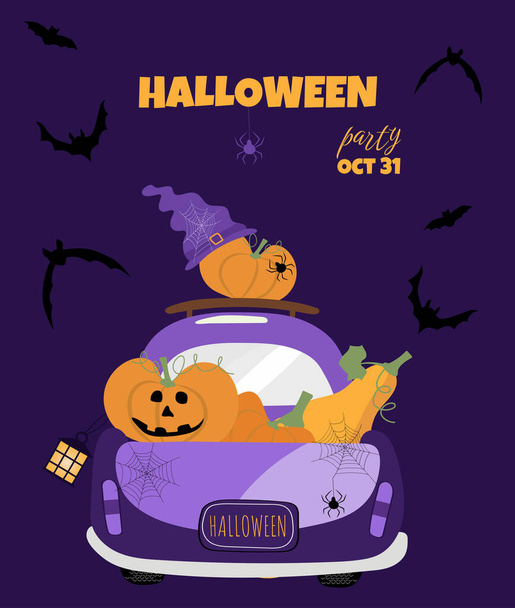 Halloween vector painting with car, pumpkins and bats on scary violet background. Trick or treat postcard for autumn holiday - Vektor, kép