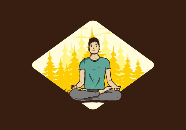 Disegno di illustrazione colorato di qualcuno che fa yoga e medita all'aperto in una foresta nella natura tra i pini - Vettoriali, immagini