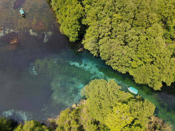 Vista del dron en la fuente de agua dulce de Saint Naum en Macedonia - Foto, Imagen