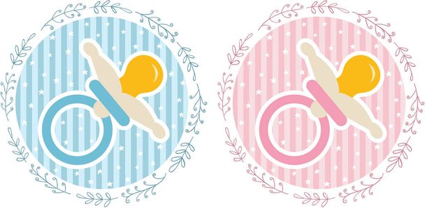 Sticker douche bébé bleu et rose étiquettes rondes avec sucette bébé - Vecteur, image