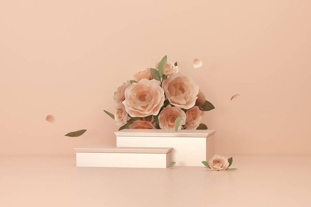 3D επίδειξη βάθρου, παστέλ ροζ φόντο με ορτανσίες λουλούδι και vintage πλαίσιο. Παιώνιες λουλούδι και φύλλα της φύσης. Ελάχιστο βάθρο ομορφιάς, προϊόντος. Γυναικείο αντίγραφο space template 3d - Φωτογραφία, εικόνα