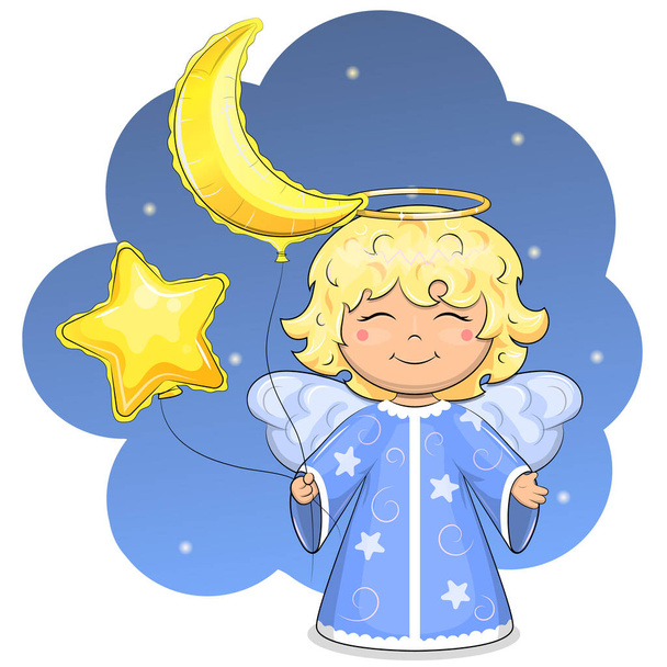 Cute cartoon angel with star and moon balloons. Night vector illustration isolated on blue background. - Vektori, kuva