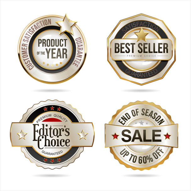 Collection of silver and gold badges on white background - Vetor, Imagem