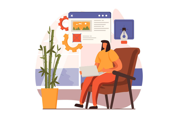 Freelance working web concept in flat design. Designer drawing graphic elements, creates content and doing pages optimization. Remote worker at home office. Illustration with people scene - Photo, Image