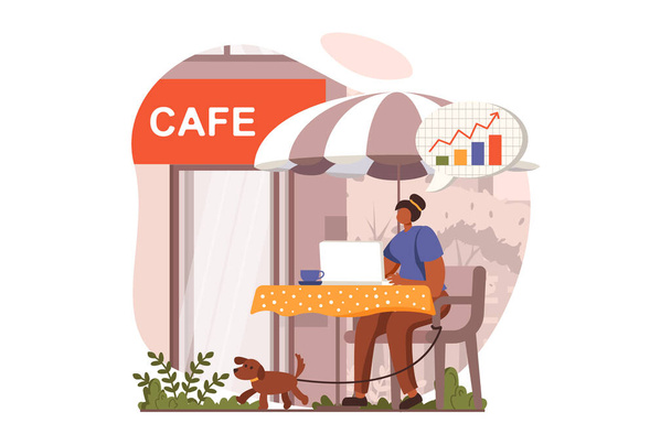 Freelance working web concept in flat design. Woman sitting at table in cafe, making marketing research or financial report. Remote worker doing tasks online. Illustration with people scene - Photo, Image