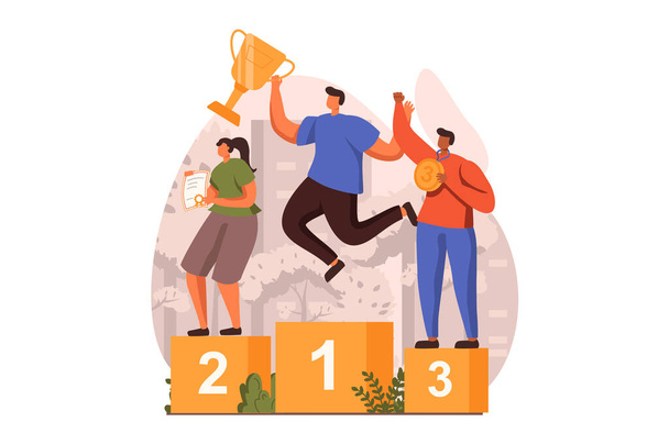Happy competition champions web concept in flat design. Winners stand on pedestal and receive cup, medal, certificate. Victory celebration and goals achievement. Illustration with people scene - Photo, Image