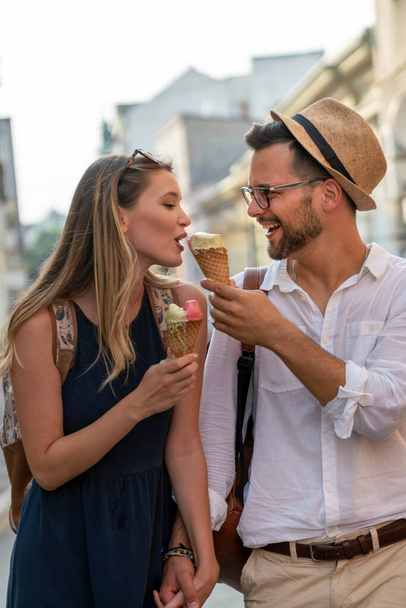 Portrait of happy young couple having date and fun on vacation. People travel happiness concept. - Photo, image