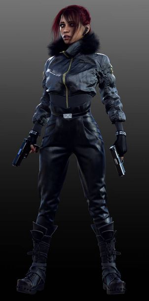 Urban Fantasy Frau in schwarzem Leder Winterausrüstung mit Pistole - Foto, Bild