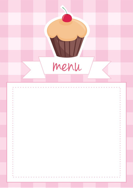 Vector card or baby shower invitation with chocolate cherry cupcake on pink plaid - Vector, Image