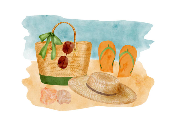 Watercolor beach vacation illustration. Hand drawn beach bag with flip flops, straw hat, sea shell and sunglasses on sand and water background. Summer resort scene isolated on white. Sea coast party - Valokuva, kuva