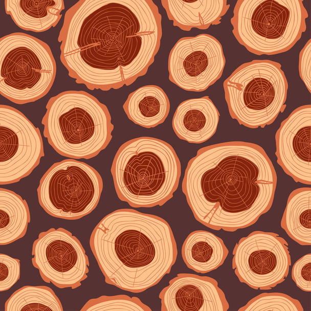 Seamless pattern from cuts of tree trunk, round cut of logs background, wavy rings, concentric hand drawn circles, wooden backdrop vector illustration - Vector, Image