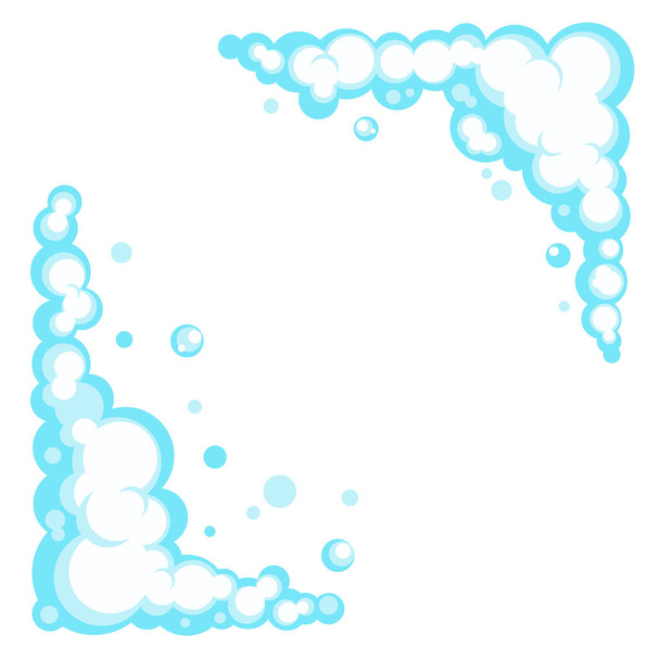 Espuma de jabón de dibujos animados con burbujas. Suds de baño azul claro, champú, afeitado, mousse. Marco vectorial aislado sobre fondo blanco. - Vector, Imagen