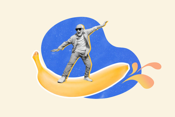 Composite collage picture of crazy excited person black white effect surfing large banana isolated on drawing background. - Fotografie, Obrázek