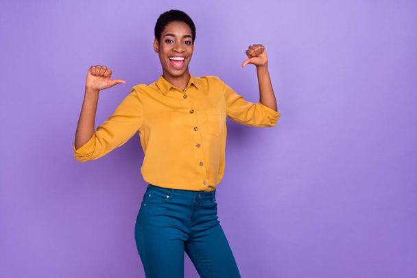Photo of young excited lady man indicate fingers herself himself choice choose winner isolated over purple color background. - Foto, afbeelding