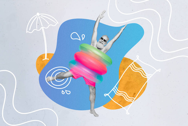 Composite collage portrait of excited overjoyed aged person wear inflatable rings jump isolated on creative background. - Foto, imagen