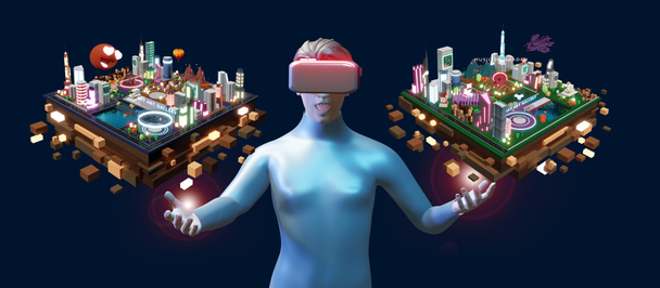 der Sandkasten Land Gamers mit VR-Brille Trading the land in the sandbox and Metaverse 3D Illustration - Foto, Bild