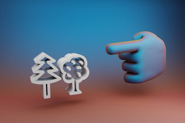 Gyönyörű illusztrációk elvont kéz mutatóujj mutat Forest szimbólum ikon egy többszínű fényes háttér. 3D renderelés illusztráció. A tervezés háttér-mintázata.  - Fotó, kép