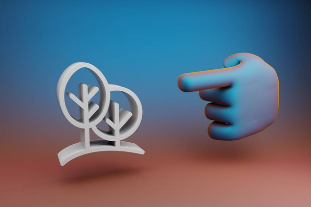Piękne ilustracje abstrakcyjne Ręczny palec wskazujący wskazuje na ikonę symbolu lasu na wielokolorowym jasnym tle. Ilustracja 3D renderowania. Wzór tła dla projektu.  - Zdjęcie, obraz