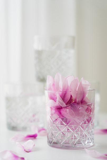 close-up zicht van transparant glas met tonic en bloemblaadjes op wazig grijze achtergrond - Foto, afbeelding
