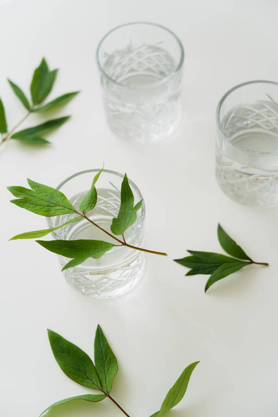 high angle view of facetted glasses with clear water near green leaves on white surface - Foto, Imagen