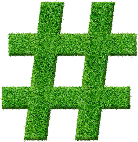 Grünes Gras strukturiertes Hash-Zeichen, Nummernschild, Hashtag. Umweltfreundliches, naturgrünes Hashtag-Symbol, Ziffernzeichen, Ästhetik im frischen grünen Grasmuster - Vektor, Bild