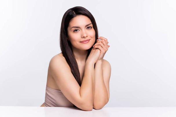Photo portrait beautiful woman after shower smiling sitting at table isolated on white color background. - Φωτογραφία, εικόνα
