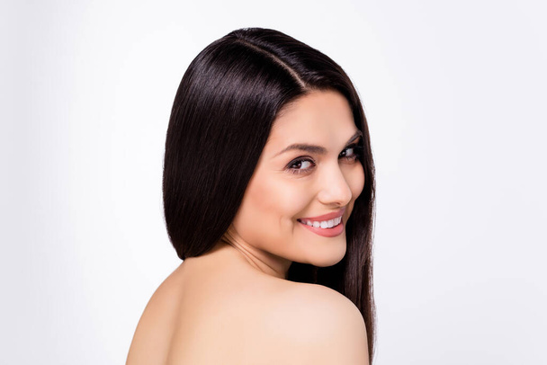 Back view photo portrait beautiful woman with silky straight hair smiling after bath isolated on white color background. - Photo, Image
