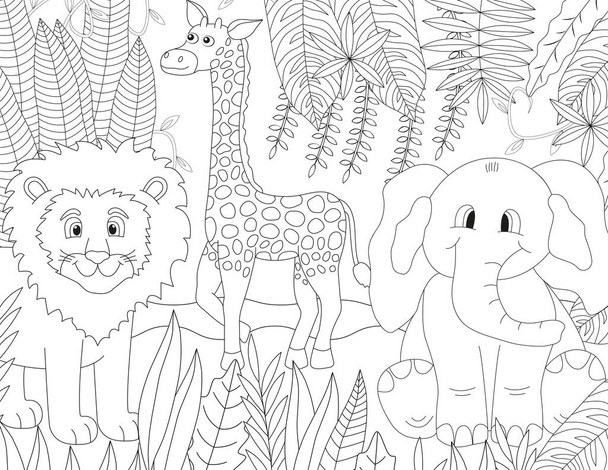 Άγρια ζώα χρωματίζοντας σελίδα βιβλίου. Χαριτωμένο λιοντάρι, καμηλοπάρδαλη και ελέφαντας στη ζούγκλα. Εικονογράφηση διανύσματος. - Διάνυσμα, εικόνα
