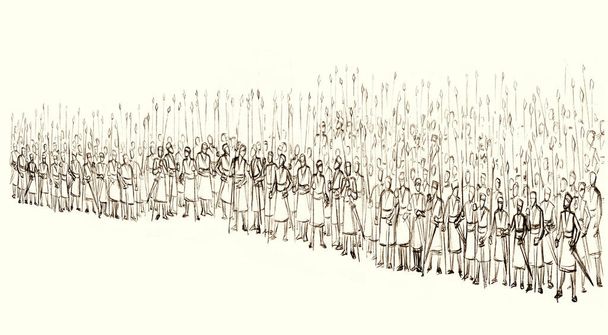 Βίβλους εποχή ισχυρή ανδρική μάχη φρουρά στρατόπεδο στρατευμάτων πλήθος σειρά επίθεση μπροστά σκηνή. Μέση Ανατολή Ρωσία μαύρο αυτοκρατορία δύναμη χέρι επέστησε ιερή εβραϊκή ιστορία Θεός ρετρό γραμμή κινουμένων σχεδίων σκίτσο biblic θρησκεία τέχνη - Φωτογραφία, εικόνα