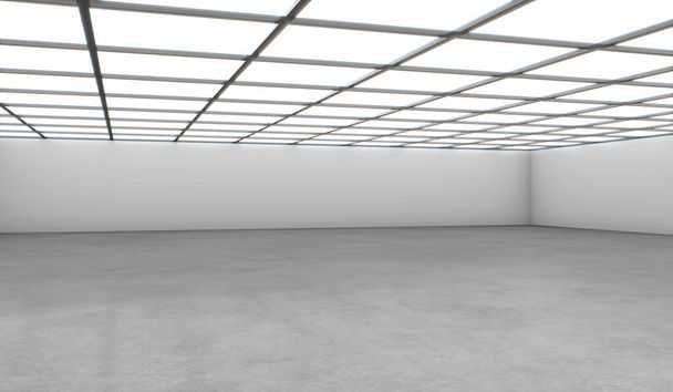 Fehér nyitott tér üres csarnok fekete fallal, betonpadlóval és világítással a tetején. 3D renderelés Mockup. - Fotó, kép