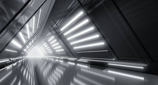 Futuristic Cyber Tunnel, Sci Fi Dark Lights corridor interior design. Triangle Metal Structures Future concept design. 3D Rendering - Photo, Image