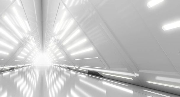 Abstraktní futuristický design interiéru chodby se světly. Trojúhelníkový tunel budoucnosti. 3D vykreslování - Fotografie, Obrázek