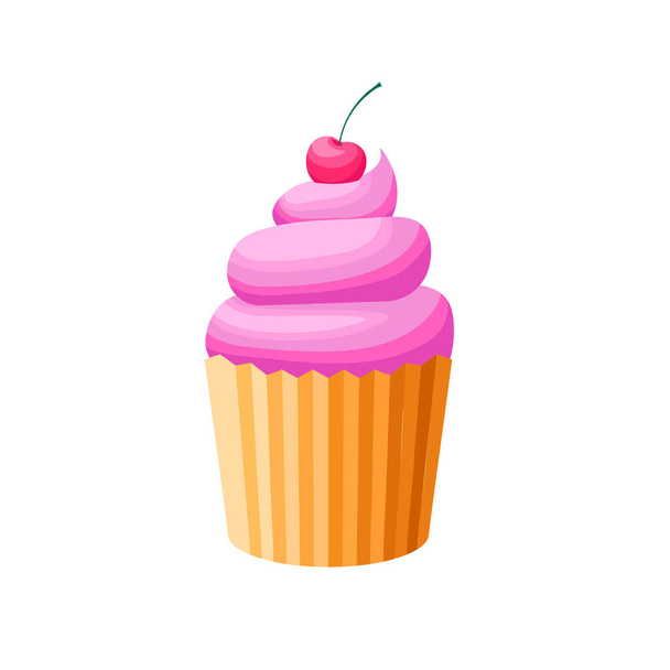 Cupcake con guarnizione rosa e ciliegia in alto illustrazione vettoriale cartone animato. Dolce illustrazione dessert su sfondo bianco.  - Vettoriali, immagini