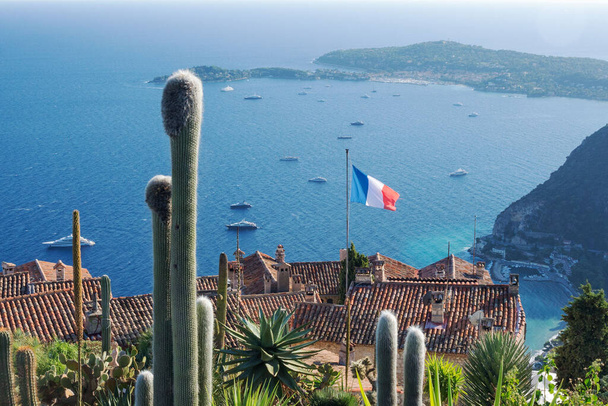 Large cacti against the background of a picturesque view of the Mediterranean coast from the top of the town of Eze, a village on the French Riviera. The youngest Alpine botanical garden Eze, France - Foto, Bild