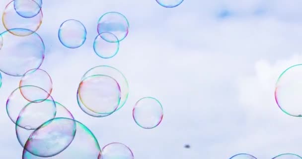 De grandes et petites bulles multicolores savonneuses volent à travers le ciel bleu. Créer un jour férié - Séquence, vidéo