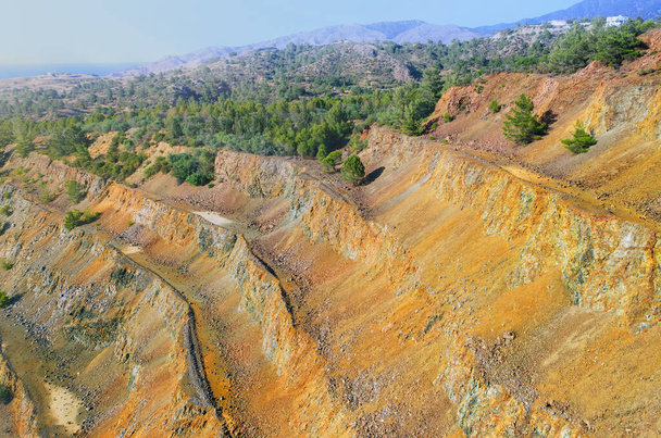 Aufforstung des ehemaligen Tagebaugebiets. Kiefern wachsen auf einer Stufenwand der stillgelegten Sulfidmine in Limni, Zypern - Foto, Bild