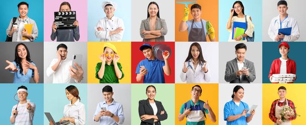 Set of young Asian people on color background - Photo, Image