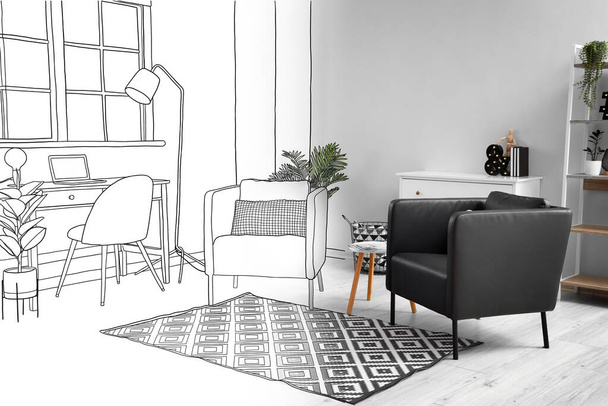 Nuevo interior de la elegante sala de estar con sillones modernos y lugar de trabajo - Foto, Imagen