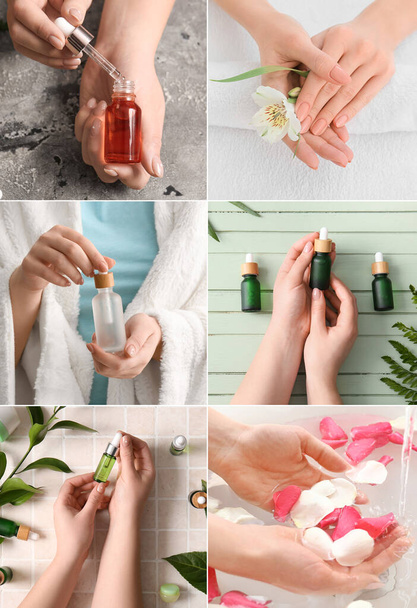 Collage with female hands and natural cosmetics for spa procedures  - Photo, Image