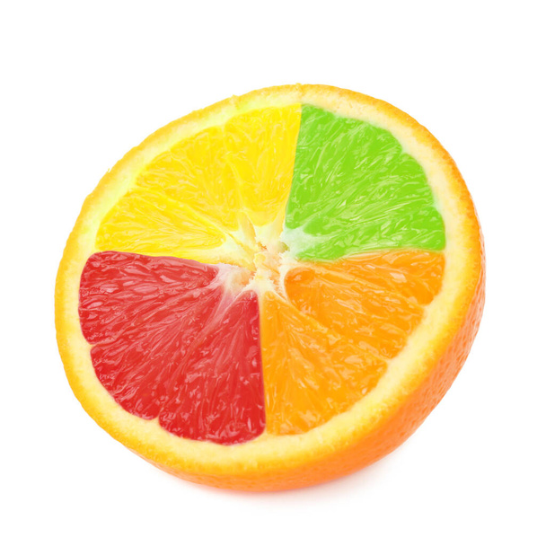 Collage of different juicy citrus fruits on white background - Photo, Image