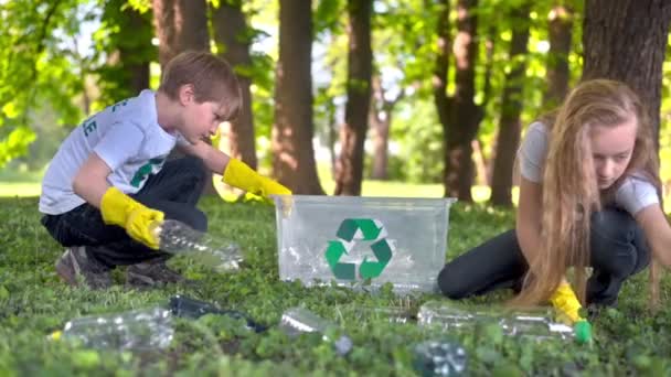 Garçon et fille ramassant des déchets en plastique dans un conteneur dans un parc pollué, recyclant des panneaux sur des T-shirts. Mouvement lent - Séquence, vidéo