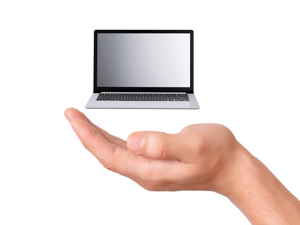 hand hold Modern Laptop on white background - Fotó, kép